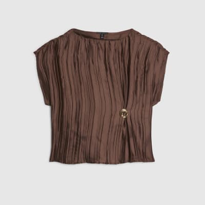 Brown Satin Plisse Gold Detail Top