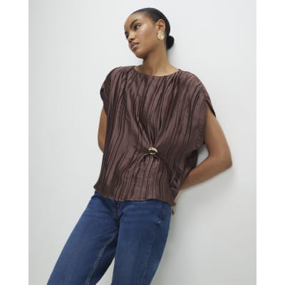 Brown Satin Plisse Gold Detail Top