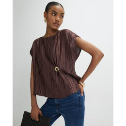 Brown Satin Plisse Gold Detail Top
