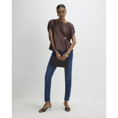 Brown Satin Plisse Gold Detail Top