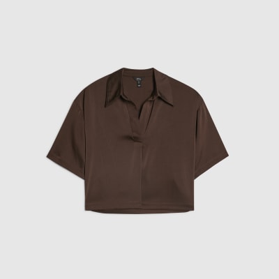 Brown Satin Short Sleeve Polo Top