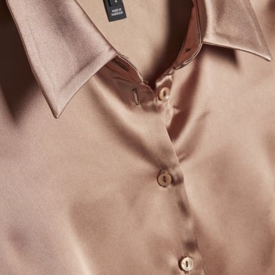 Brown Satin Slim Fit Long Sleeve Shirt