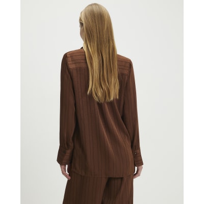 Brown Satin Striped Crinkle Blouse