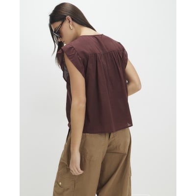Brown Shirred Tie Neck Top