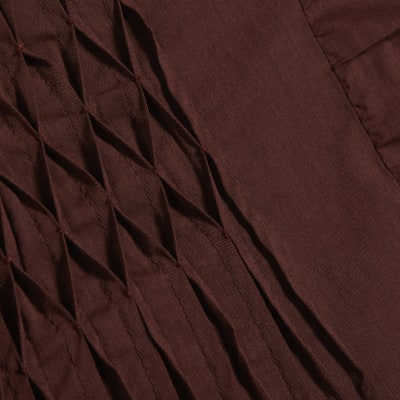Brown Shirred Tie Neck Top