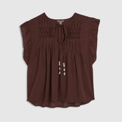 Brown Shirred Tie Neck Top