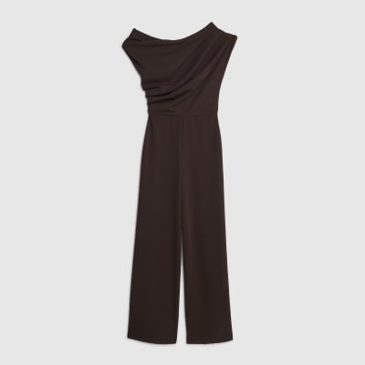 Brown Short Sleeve Asymmetric Drape Jumpsuit