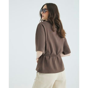Brown Short Sleeve Belted Tie Waist T-shirt