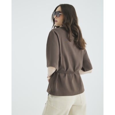 Brown Short Sleeve Belted Tie Waist T-shirt