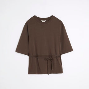 Brown Short Sleeve Belted Tie Waist T-shirt