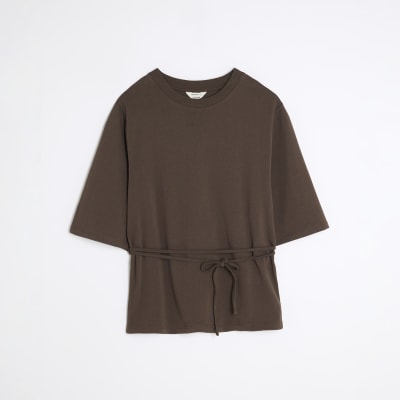 Brown Short Sleeve Belted Tie Waist T-shirt