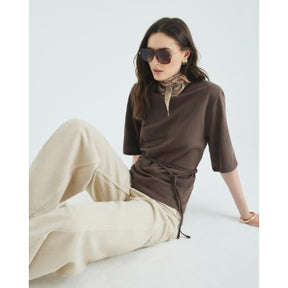 Brown Short Sleeve Belted Tie Waist T-shirt