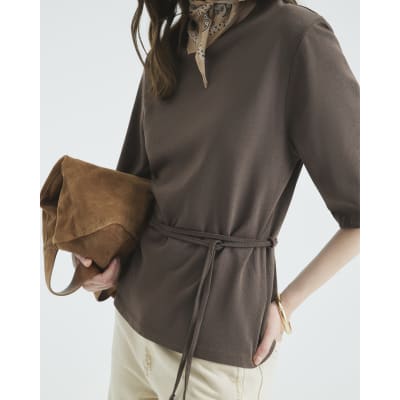 Brown Short Sleeve Belted Tie Waist T-shirt