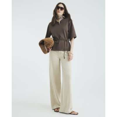 Brown Short Sleeve Belted Tie Waist T-shirt