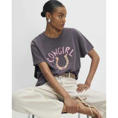 Brown Short Sleeve Cowgirl Horseshoe T-Shirt