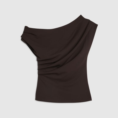 Brown Short Sleeve Drape Off Shoulder Top