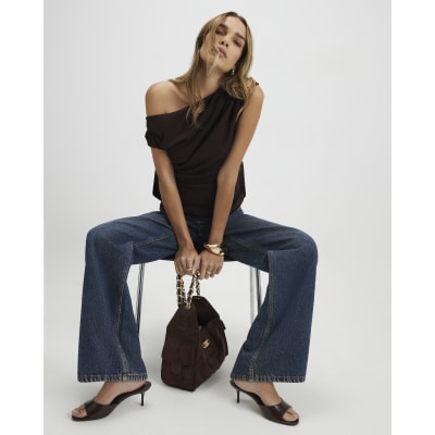 Brown Short Sleeve Drape Off Shoulder Top