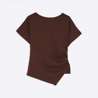 Brown Short Sleeve Drape Side T-shirt