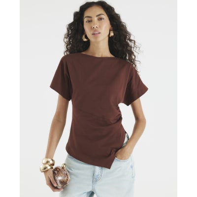 Brown Short Sleeve Drape Side T-shirt