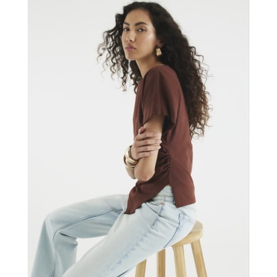 Brown Short Sleeve Drape Side T-shirt