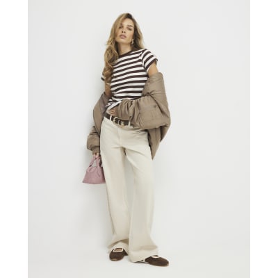 Brown Short Sleeve Fitted Stripe Rib T-Shirt