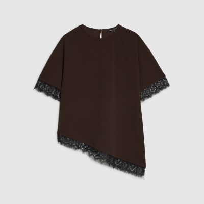 Brown Short Sleeve Lace Trim Asymmetric Top