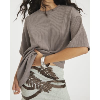 Brown Short Sleeve Oversized Texture T-shirt