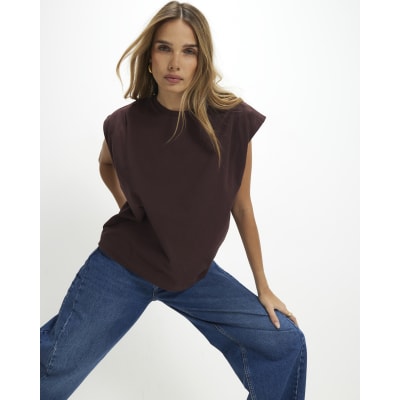 Brown Short Sleeve Pleat Shoulder T-shirt