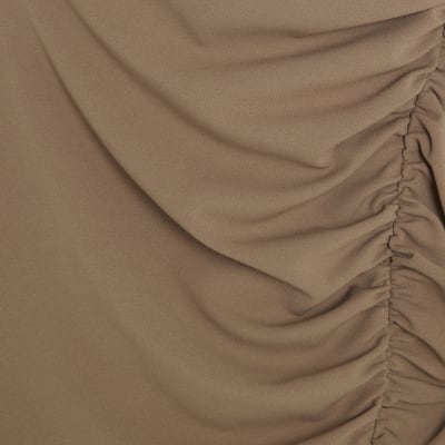 Brown Short Sleeve Ruched Mini Dress