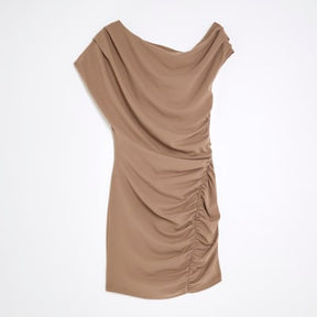 Brown Short Sleeve Ruched Mini Dress