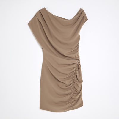 Brown Short Sleeve Ruched Mini Dress