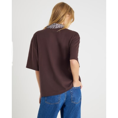 Brown Short Sleeve Scarf Detail T-shirt