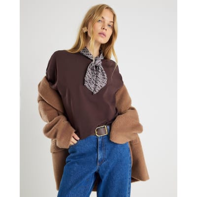 Brown Short Sleeve Scarf Detail T-shirt