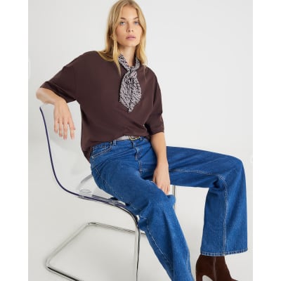 Brown Short Sleeve Scarf Detail T-shirt