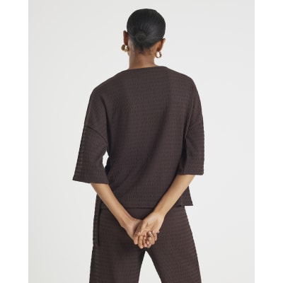 Brown Short Sleeve Textured Tie T-shirt