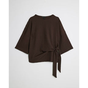 Brown Short Sleeve Textured Tie T-shirt