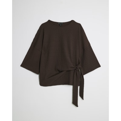 Brown Short Sleeve Textured Tie T-shirt