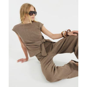 Brown Short Sleeve Tie Detail Textured Top