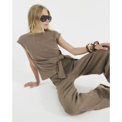 Brown Short Sleeve Tie Detail Textured Top