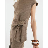 Brown Short Sleeve Tie Detail Textured Top