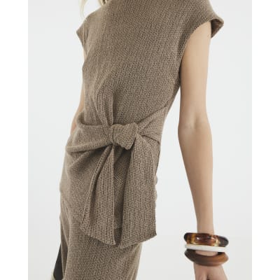 Brown Short Sleeve Tie Detail Textured Top