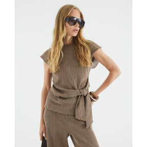 Brown Short Sleeve Tie Detail Textured Top