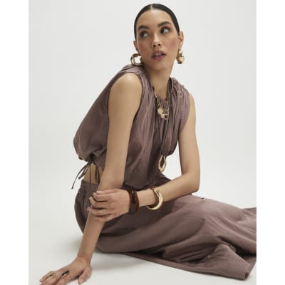 Brown Sleeveless Bubble Hem Top