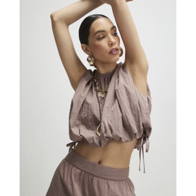 Brown Sleeveless Bubble Hem Top