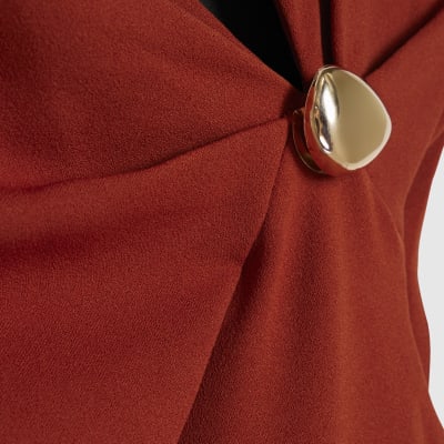 Brown Sleeveless Draped Neck Mini Dress