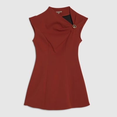 Brown Sleeveless Draped Neck Mini Dress