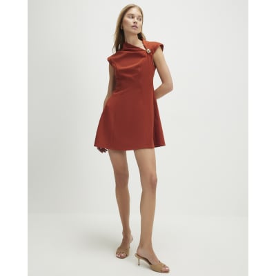 Brown Sleeveless Draped Neck Mini Dress