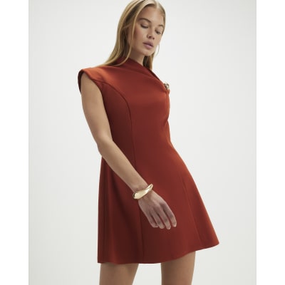 Brown Sleeveless Draped Neck Mini Dress