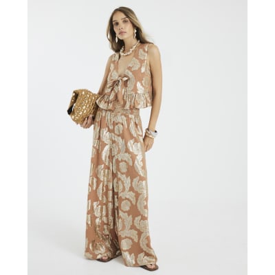 Brown Sleeveless Gold Floral Tie Waistcoat