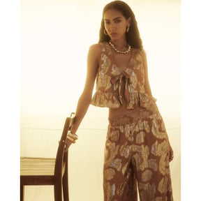 Brown Sleeveless Gold Floral Tie Waistcoat